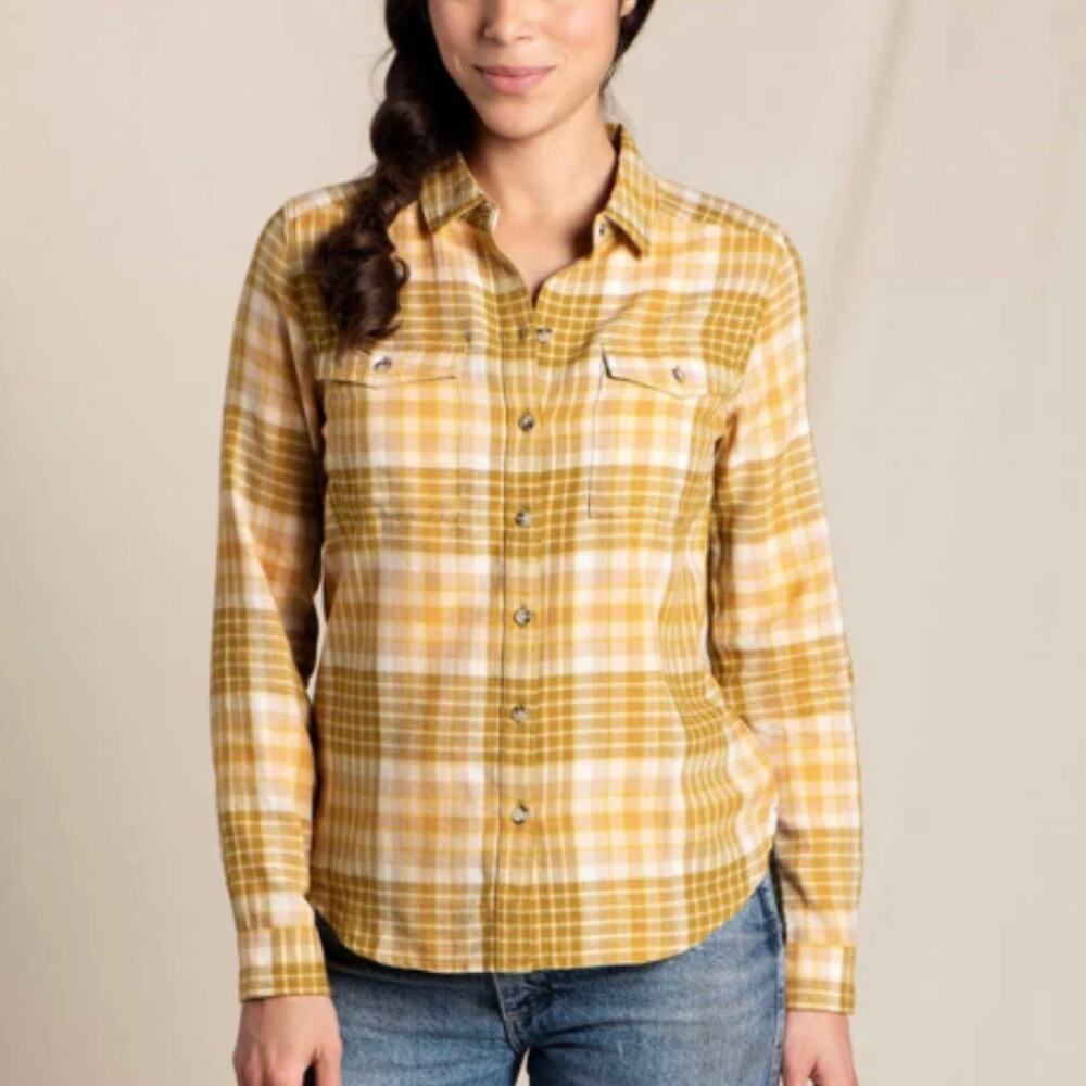 Toad&Co Re-Form Flannel Long Sleeve Shirt Antler Ombre Yellow Plaid Women Size L